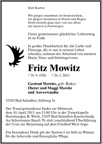 Anzeige  Fritz Mowitz  Lippische Landes-Zeitung