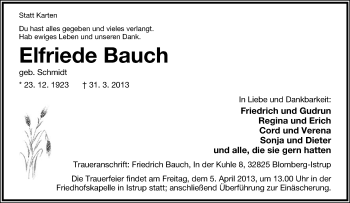 Anzeige  Elfriede Bauch  Lippische Landes-Zeitung