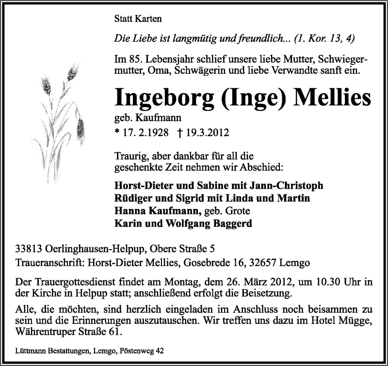  Traueranzeige für Ingborg Mellies vom 23.03.2012 aus Lippische Landes-Zeitung