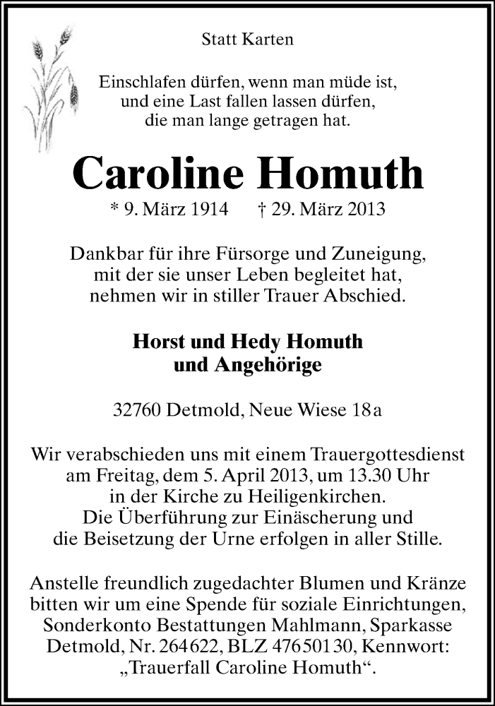  Traueranzeige für Caroline Homuth vom 03.04.2013 aus Lippische Landes-Zeitung