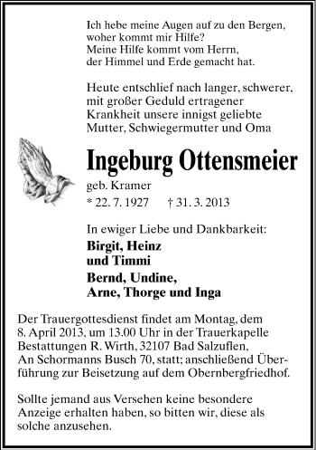 Anzeige  Ingeburg Ottensmeier  Lippische Landes-Zeitung