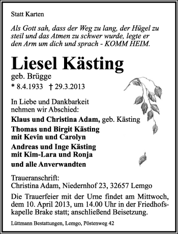 Anzeige  Liesel Kästing  Lippische Landes-Zeitung