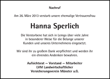 Anzeige  Hanna Sperlich  Lippische Landes-Zeitung