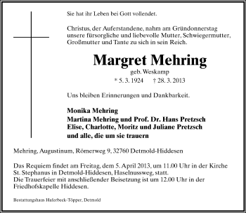 Anzeige  Margret Mehring  Lippische Landes-Zeitung