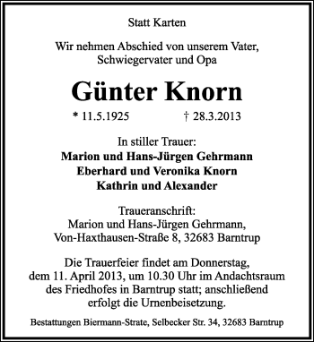Anzeige  Günter Knorn  Lippische Landes-Zeitung