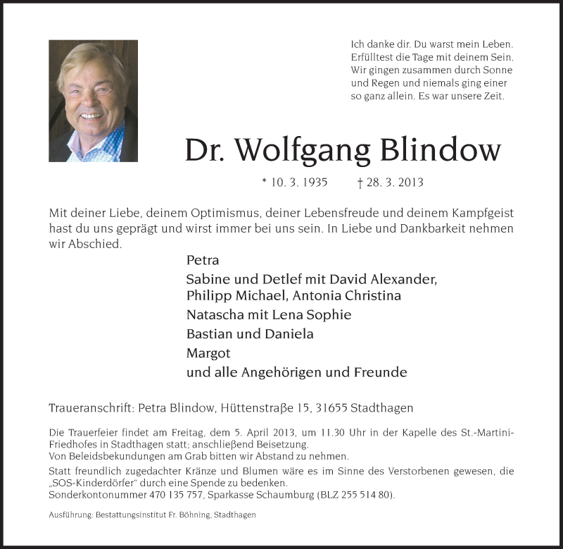  Traueranzeige für Wolfgang Blindow vom 03.04.2013 aus Lippische Landes-Zeitung