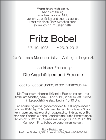 Anzeige  Fritz Bobel  Lippische Landes-Zeitung