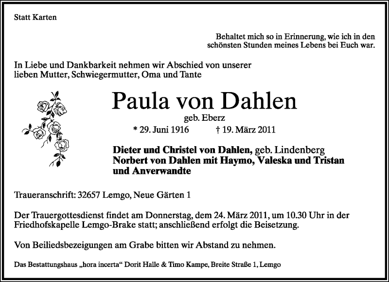  Traueranzeige für Paula von Dahlen vom 22.03.2011 aus Lippische Landes-Zeitung