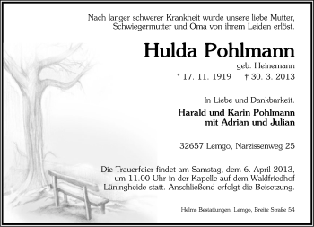 Anzeige  Hulda Pohlmann  Lippische Landes-Zeitung