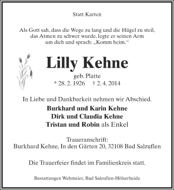 Anzeige  Lilly Kehne  Lippische Landes-Zeitung