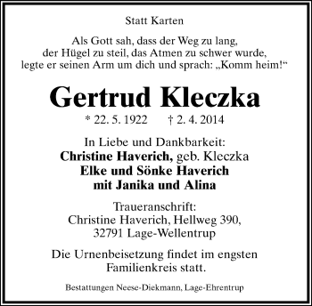 Anzeige  Gertrud Kleczka  Lippische Landes-Zeitung