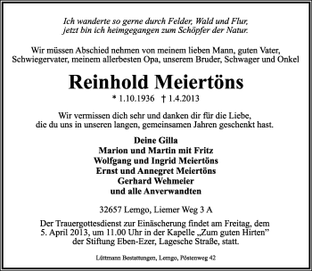 Anzeige  Reinhold Meiertöns  Lippische Landes-Zeitung