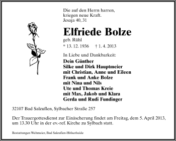 Anzeige  Elfriede Bolze  Lippische Landes-Zeitung