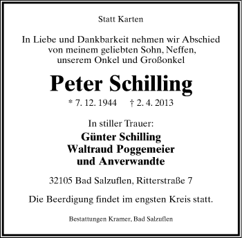 Anzeige  Peter Schilling  Lippische Landes-Zeitung