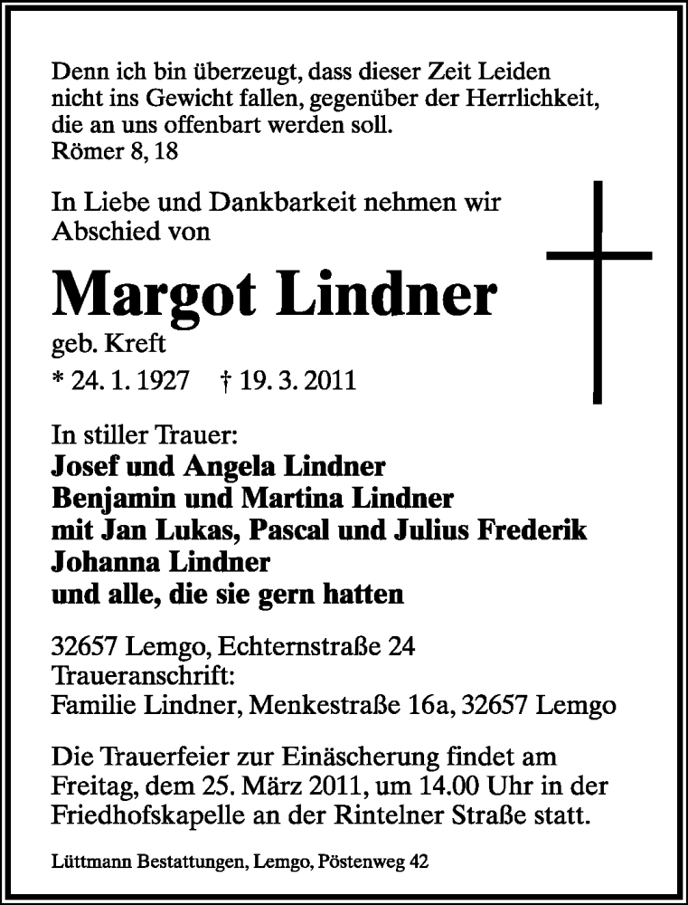  Traueranzeige für Margot Lindner vom 22.03.2011 aus Lippische Landes-Zeitung