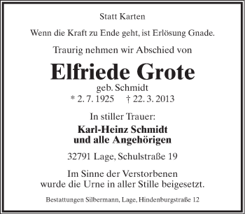 Anzeige  Elfriede Grote  Lippische Landes-Zeitung