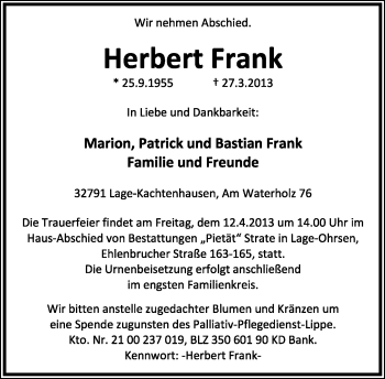 Anzeige  Herbert Frank  Lippische Landes-Zeitung