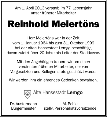 Anzeige  Reinhold Meiertöns  Lippische Landes-Zeitung