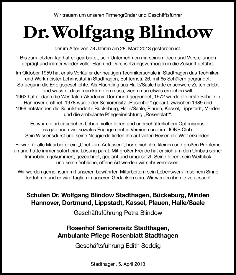  Traueranzeige für Wolfgang Blindow vom 05.04.2013 aus Lippische Landes-Zeitung
