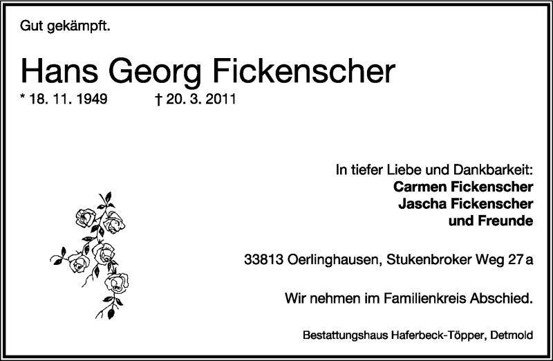  Traueranzeige für Hans Georg Fickenscher vom 23.03.2011 aus Lippische Landes-Zeitung