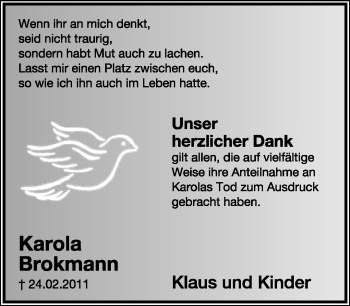 Anzeige  Karola Brokmann  Lippische Landes-Zeitung