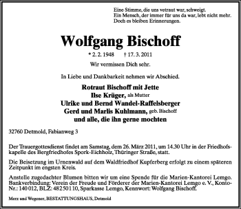 Anzeige  Wolfgang Bischoff  Lippische Landes-Zeitung
