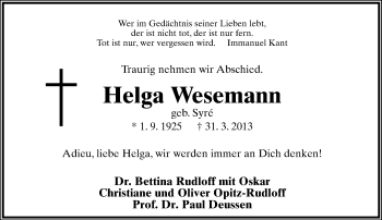 Anzeige  Helga Wesemann  Lippische Landes-Zeitung