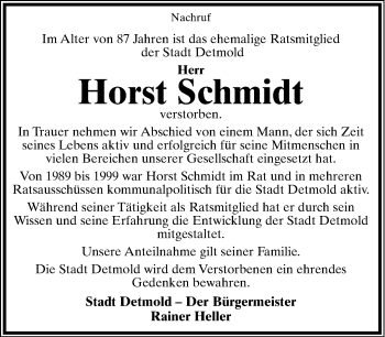 Anzeige  Horst Schmidt  Lippische Landes-Zeitung