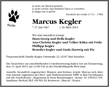 Anzeige  Marcus Kegler  Lippische Landes-Zeitung