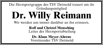 Anzeige  Willy Reimann  Lippische Landes-Zeitung