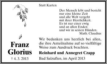 Anzeige  Franz Glorius  Lippische Landes-Zeitung
