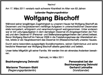 Anzeige  Wolfgang Bischhoff  Lippische Landes-Zeitung