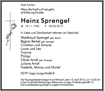 Anzeige  Heinz Sprengel  Lippische Landes-Zeitung