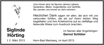 Anzeige  Siglinde Hörting  Lippische Landes-Zeitung