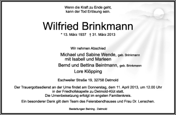 Anzeige  Wilfried Brinkmann  Lippische Landes-Zeitung