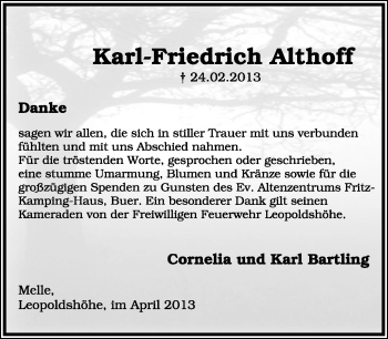 Anzeige  Karl-Friedrich Althoff  Lippische Landes-Zeitung
