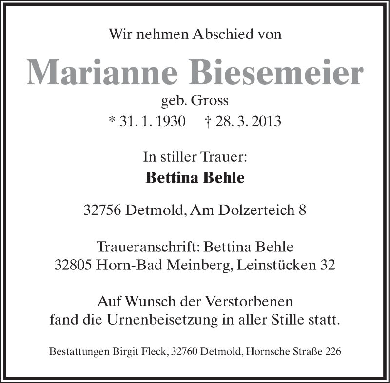  Traueranzeige für Marianne Biesemeier vom 06.04.2013 aus Lippische Landes-Zeitung
