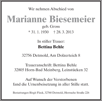 Anzeige  Marianne Biesemeier  Lippische Landes-Zeitung