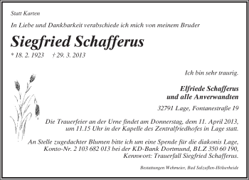Anzeige  Siegfried Schafferus  Lippische Landes-Zeitung