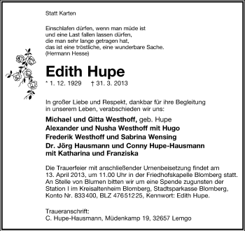 Anzeige  Edith Hupe  Lippische Landes-Zeitung