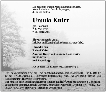 Anzeige  Ursula Knirr  Lippische Landes-Zeitung