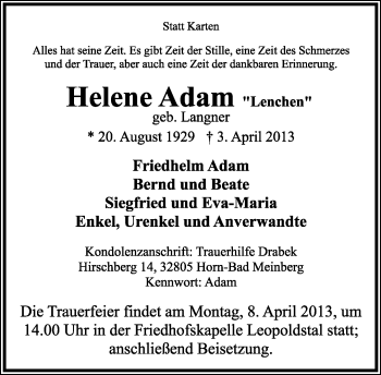 Anzeige  Helene Adam  Lippische Landes-Zeitung