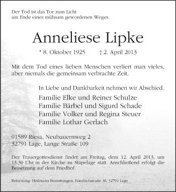 Anzeige  Anneliese Lipke  Lippische Landes-Zeitung