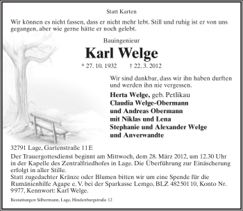 Anzeige  Karl Welge  Lippische Landes-Zeitung