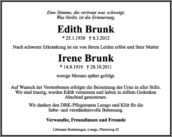 Anzeige  Edith und Irene Brunk  Lippische Landes-Zeitung