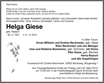 Anzeige  Helga Giese  Lippische Landes-Zeitung