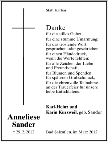 Anzeige  Anneliese Sander  Lippische Landes-Zeitung
