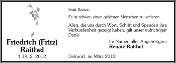 Anzeige  Friedrich Raithel  Lippische Landes-Zeitung