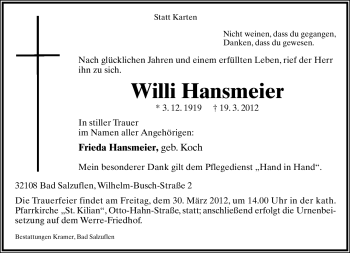 Anzeige  Willi Hansmeier  Lippische Landes-Zeitung