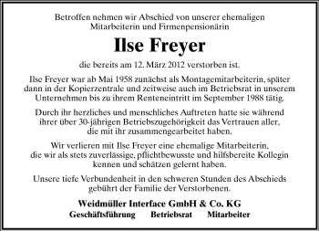 Anzeige  Ilse Freyer  Lippische Landes-Zeitung